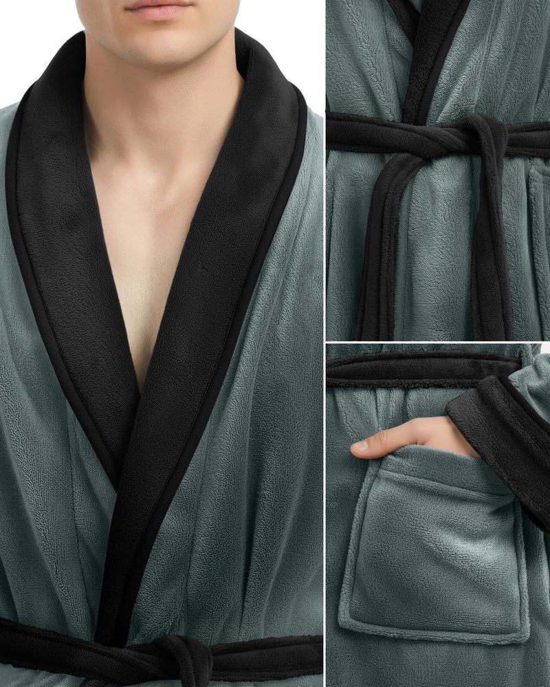 NY Threads Mens Robe, Luxury Plush Fleece Mens Bathrobe, Spa Bath Robe for Men, Large-X-Large, Steel Grey Black - Image 2